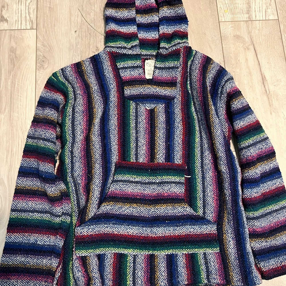 White & Multi-colored Striped Baja Hoodie